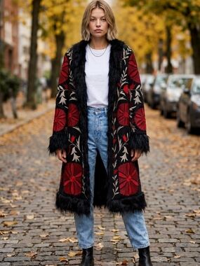TALISMAN Bohemian Red Floral Faux-Fur Trim Long Coat